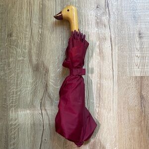 Vintage Duck Head Handle Umbrella Carved Wood Burgundy Fabric Rare Collectible